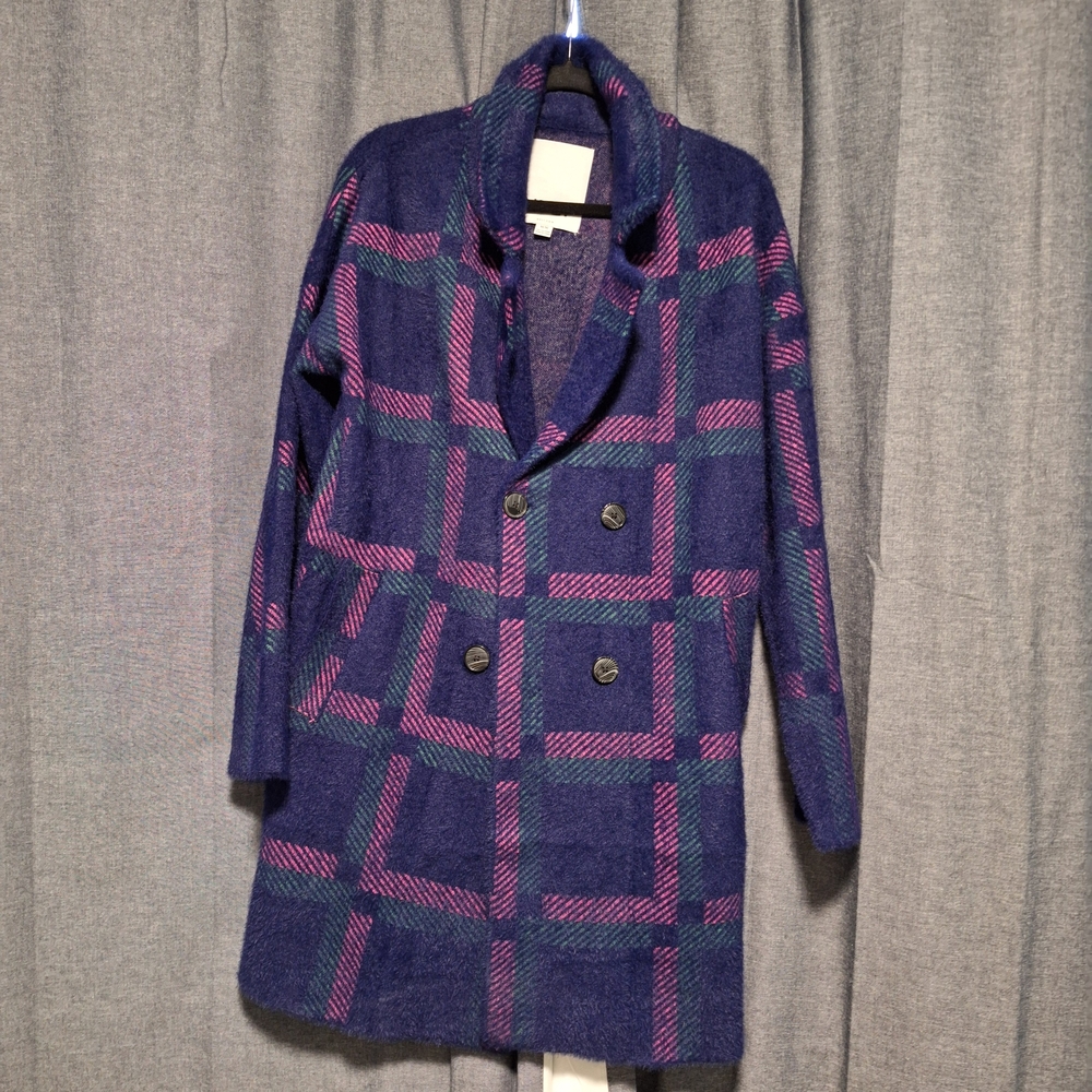 NWOT NVLT Women's Blue and Pink Eyelash Knit Plaid Coat - Picture 4 of 12